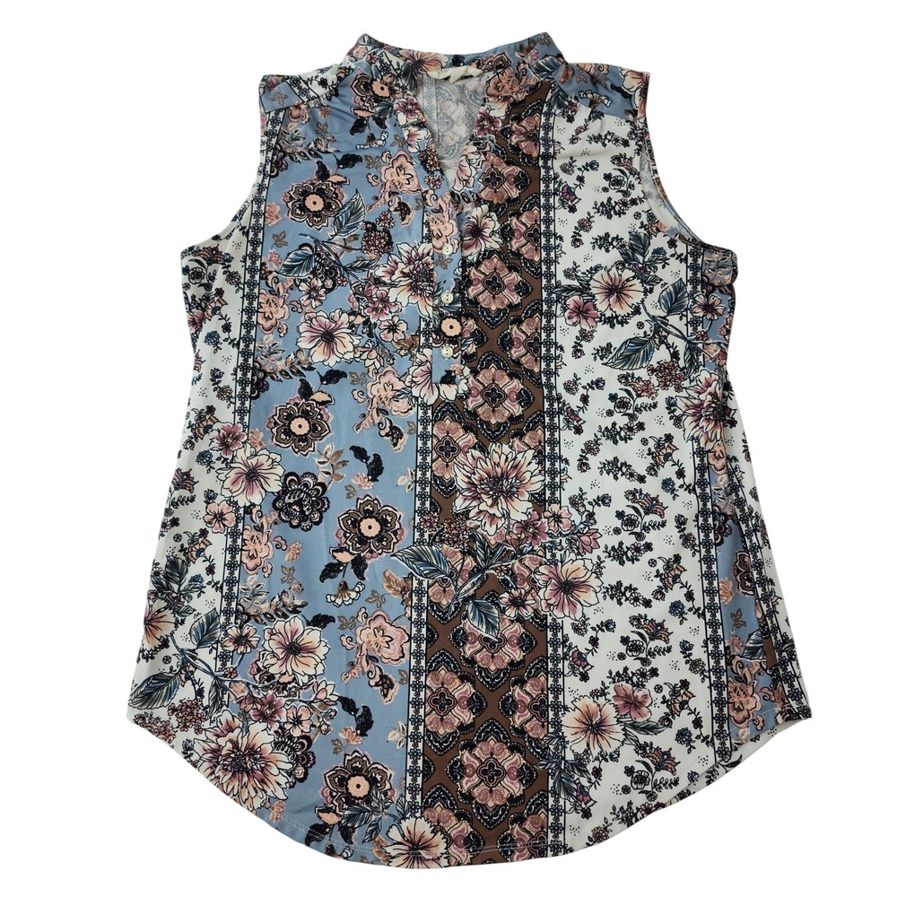 Perseption Concept Womens XL Floral Medallion Sleeveless Button V-Neck